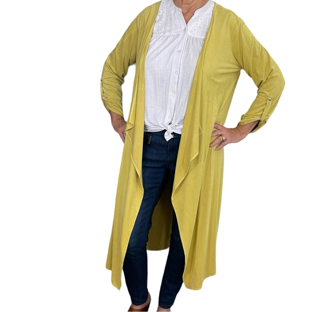 Tahari Faux Suede Long Duster Yellow Cardigan Indie Western Hippie